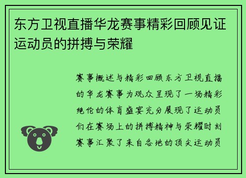 东方卫视直播华龙赛事精彩回顾见证运动员的拼搏与荣耀