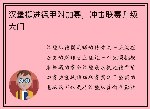 汉堡挺进德甲附加赛，冲击联赛升级大门