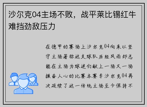沙尔克04主场不败，战平莱比锡红牛难挡劲敌压力